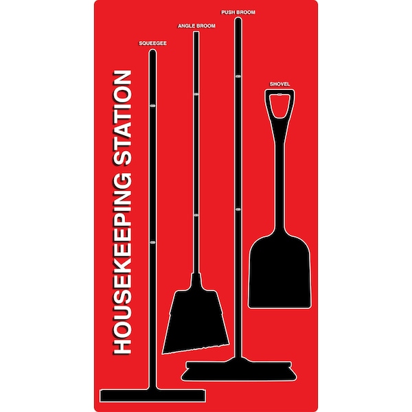 5S Supplies 5S Housekeeping Shadow Board Broom Station Version 6- Red Board / Black Shadows With Broom HSB-V6-RED-KIT - main